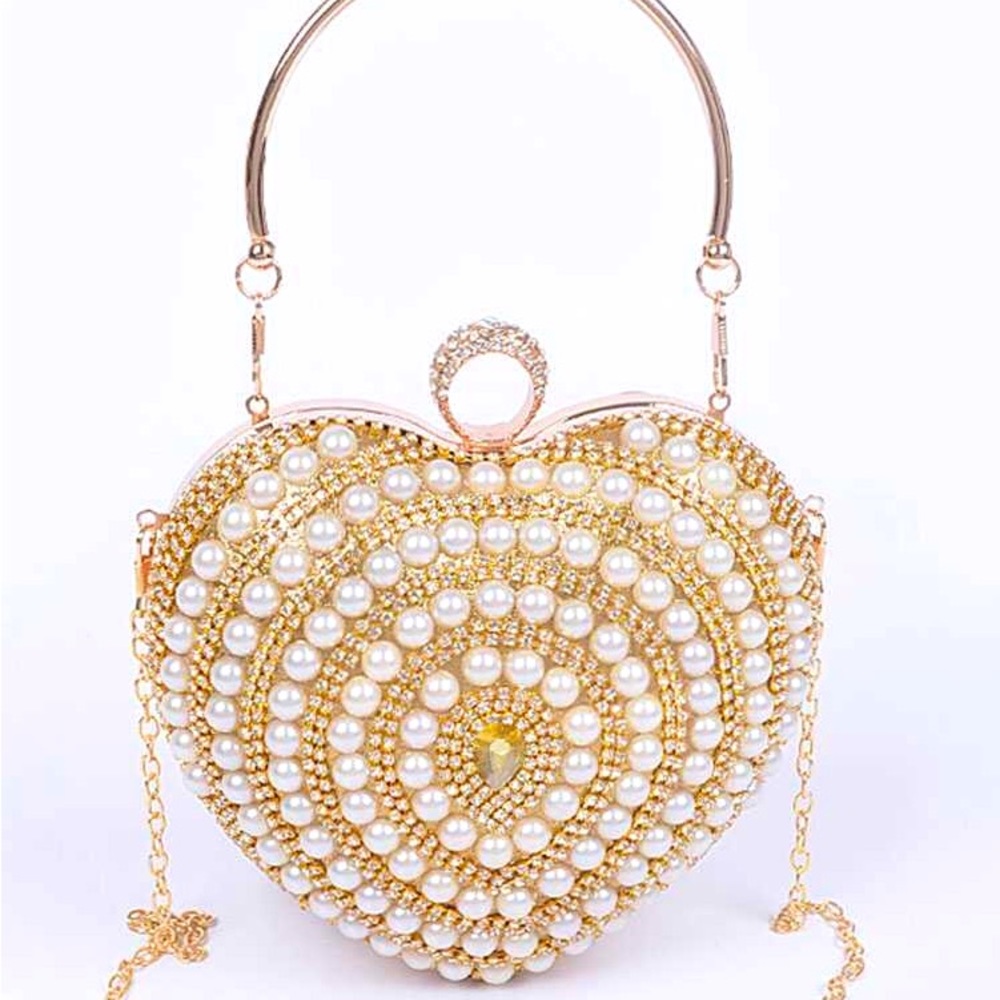 Elegant Gold Rhinestone & Pearl Accent Heart Shape Box Clutch